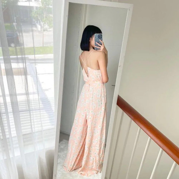 Zara Floral Daisy Wide Leg Tie Belt Flowy Jumpsuit Peach Bloggers Fav Sz Small - Picture 4 of 9